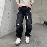 WIAOFELLAS  -  New trendy loose straight leg black printed washed denim jeans