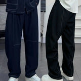 WIAOFELLAS  -  Mens Denim Pants Streetwear Trendy seam Lines Design Casual Wide-leg Jeans Drape Solid Fashion Versatile Summer Baggy Trousers