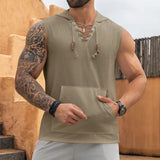 Wiaofellas  -  Fashion Ribbed Textured Tank Tops Mens Hoodie Sleeveless V Neck Drawstring Hooded Vest Summer Men Loose Solid Color Camisoles