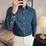 WIAOFELLAS  -  Autumn Spring Retro Popular Denim Shirt Men High Quality Pure Cotton Long Sleeve Men's Cowboy Shirts Casual One Pocket Jackets