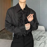 WIAOFELLAS  -  Medieval Palace Style Standing Collar Lotus Leaf Placket Long Sleeve Shirt Neutral Style Design Shirt Men's Performance Costume