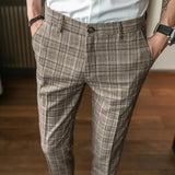 Wiaofellas  -  British Retro Slim Straight Trousers Plaid Casual Pants Men