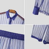 Wiaofellas  -  Men's Sets Mesh Patchwork Striped See Through Long Sleeve Shirt Pants Two Piece Sets Sexy Fashion Men Matching Sets