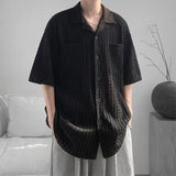 WIAOFELLAS  -  Korean Style Men's Shirts Lapel Hollow Out Knitting Single Breasted Tops Short Sleeved Pocket Loose Male Tops Trend