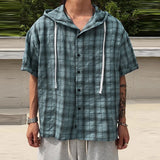 WIAOFELLAS  -  Men Plaid Shirt Hooded Short Sleeve Loose Casual Men Clothing Summer Korean Style Streetwear 2025 Male Shirts Tops S-5XL
