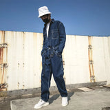 Wiaofellas Vintage Jeans Loose Cargo Wide-leg Jeans Japan Korea Blue Denim Jumpsuit Pockets Belt High Street Overalls Trendy Wear