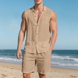 Wiaofellas  -  Breathable Summer Men'S 2 Piece Beach Vacation Set Sleeveless Stylish Shirts and Shorts Suit Outfits Jackets for Men Suit
