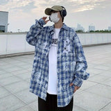 Wiaofellas  -  Retro American Workwear Shirt Men Women Loose Long Sleeve Tie Dye Plaid Outerwear Top Breathable Non Iron Polyester Fiber