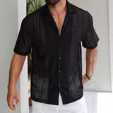 WIAOFELLAS  -  New Chic Men Cardigan Tops Fashion Solid Color Hollow Out Short Sleeve Shirts Holiday Breathable Streetwear High Quality Blouse