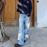 WIAOFELLAS  -  Autumn Men's Dove Of Peace Appliques Embroidered Jeans New Y2K Vintage Straight Baggy Denim Pants Washed Streetwear Blue Jean