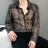 Wiaofellas  -  Mens Sexy Leopard Print Mesh See-Through Ice Silk Shirt Autumn Genderless Fashion Youth Nightclub Breathable Hollow Top Unisex