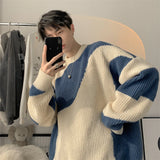 Wiaofellas  -  Men's Colorblock Round Neck Knitted Sweater Autumn Loose Japanese Vintage Pullovers Y2K High Street Knitwear pull homme