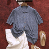 Wiaofellas  -  Old Money Mens Jacquard Shirts Stylish Turn Down Collar Short Sleeve Polo Shirts Summer Slim Breathable Button Men Tops