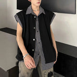 WIAOFELLAS  -  Niche Design Men's Tank Tops Turn-down Collar Single Breasted Plaid Contrast Color Sleeveless Loose Male Vests Chic