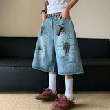 WIAOFELLAS  -  Pattern Printing Men's Denim Shorts American Style Casual Straight Leg Loose Contrast Color Streetwear Male Jeans