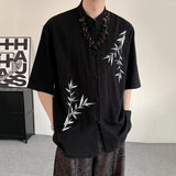 WIAOFELLAS  -  New Chinese Style Men's Shirts Stand Collar Bamboo Embroidery Contrast Color Single Breasted Short Sleeve Male Tops