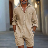 WIAOFELLAS  -  New Men's Summer Casual Linen 2 Piece Sets Fashion Vintage Long Sleeve Hoodie Shirt and Shorts Suit Men Loose Sport Outfits