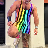 Wiaofellas  -  Sports Fitness Slim Fit Leotard Mens Sexy Sleeveless Straps Jumpsuits Summer Vintage Striped Printed Shorts Romper Overalls Men