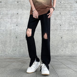 WIAOFELLAS  -  Men's Clothing Solid Color Button Zipper Pockets Hole Distressed Casual Spring Autumn Jeans Trousers Cargo Boot Cut Pants