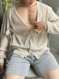 WIAOFELLAS  -  Trendy Mens Transparent Deep V Neck Cardigans Sexy Hollow Out Long Sleeve Knitted Tops Men Spring Summer Vintage Slim Fit Shirts