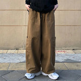 WIAOFELLAS  -  Trousers Cargo Straight Men's Clothing Solid Color Elastic Pockets Spring Autumn Casual High Waisted Vintage Boyfriend Pants