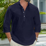 Wiaofellas  -  Retro Mens Loose Breathable Half Sleeve Tops Summer Casual Solid Color Pullover Men Daily Leisure Stand Collar Button-up Shirts