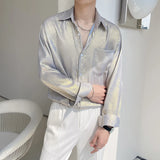 WIAOFELLAS  -  Sexy Silk Satin Shirts for Men Long Sleeved Shiny Smooth Solid Loose Men's Dress Shirt Autumn Spring Club Prom Mens Clothing