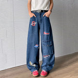 WIAOFELLAS  -  Niche Design Men's Denim Pants Printing Contrast Color Washing Casual Wide Leg Trousers Straight Male Jeans Trendy