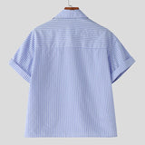 WIAOFELLAS  -  Men Striped Shirt Lapel Short Sleeve Pockets Men Clothing Streetwear Loose Button Korean Style Fashion Casual Male Tops