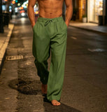Wiaofellas  -  Men Summer Cotton Linen Drawstring Casual Pants Solid Color Loose Wide Leg Trousers Breathable Elastic Waist Daily Beach
