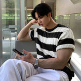 WIAOFELLAS  -  Fashion Men's Striped Contrast Color Knit Loose T-shirts Trendy Short Sleeves O-neck Casual Tops Male 2025 Summer 2A0917