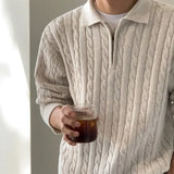WIAOFELLAS  -  Trendy Men Knitted Pullover Half Zip Lapel Design Korean Loose Long Sleeve Solid Color New Casual Sweater