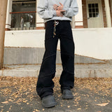 WIAOFELLAS  -  New trendy spliced loose straight leg black washed denim jeans