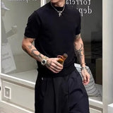 WIAOFELLAS  -  Casual Solid Color Mock Neck T Shirts Men Knitted Short Sleeve Slim Fit Pullover Top Men Spring Summer Stylish Knit T-shirt