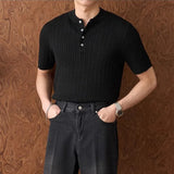 Wiaofellas  -  Men's Henley Short Sleeve Knit T-Shirt Summer Breathable Cable Texture Slim Fit Old Money Style Top Youth Street Tees