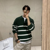 WIAOFELLAS  -  Korean semi-zipper striped color-blocking men's autumn and winter style trendy and versatile warm lapel sweater jacket