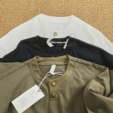 WIAOFELLAS  -  Vintage button-down short sleeve T-shirt Men's patchwork loose heavy double cotton pocket T-shirt