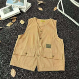 WIAOFELLAS  -  V-neck Men's Tank Tops Single Breasted Solid Color Sleeveless Casual Menswear Loose Pocket Malek Vests Summer