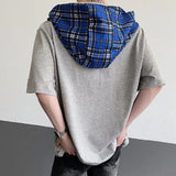 WIAOFELLAS  -  Fashion Men's Plaid Hooded Bandage design O-neck T-shirts Trendy Summer Casual Loose Short Sleeves Tops Male