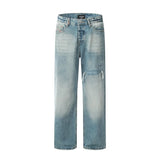 WIAOFELLAS  -  Men Retro Loose Wide-leg Floor-dragging Long Trousers of Contrast-color Sprayed Monkey-washed Jeans with Holes and Straight Legs