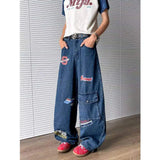 WIAOFELLAS  -  Niche Design Men's Denim Pants Printing Contrast Color Washing Casual Wide Leg Trousers Straight Male Jeans Trendy