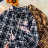 WIAOFELLAS  -  Retro Plaid Long Sleeve Shirt Men Spring Fall Loose Shirt Turn-down Collar Blouse Hip Hop Streetwear Male Shirts