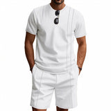 Wiaofellas  -  Men's Waffle Knit 2 Piece Outfits Casual Short Sleeve T Shirt and Shorts Set