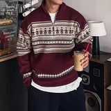 Wiaofellas  -  Fall Winter New Casual Men's Knit Jumpers Vintage Pattern Print Knitting Sweater Tops Men Fashionable Lapel Zipper Sweater