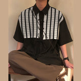 WIAOFELLAS  -  Men Shirt Lace Patchwork Pleated Lapel Short Sleeve Lace Up Men Clothing Summer Loose Streetwear Casual Male Shirts 2025