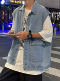 Wiaofellas  -  Retro Washed Denim Vest Jacket Loose Unisex Sleeveless Autumn Versatile Couple's Shoulder Pad Jacket Youth Casual Style