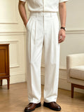 Wiaofellas  -  Spring Summer Solid Woven Italian Style Suit Pants, Men Loose Straight Leg Elegant Casual Formal Trousers for Daily Wear