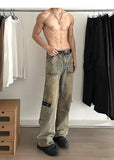 WIAOFELLAS  -  American Retro Jeans Mens Fashion Trendy Loose Wide Legs Bootcut Denim Pants Tall Man Yellow Mud Cowboy Trousers Streetwear