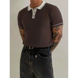 Wiaofellas  -  British Style Contrasting Knitted Polo Shirts for Men Slim Casual Business Social T-shirt Ice Silk Cool Elastic Lapel Tshirts