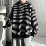 Wiaofellas  -  Long Sleeved T-shirt Men's Hong Kong Style Trend Ins Loose T-shirt Striped Sweatshirt Base Shirt Men's Top Coat